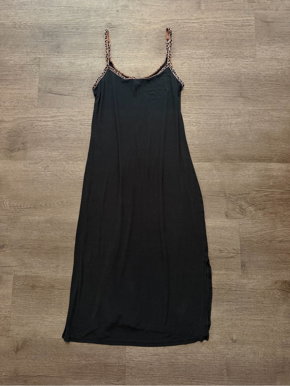 Victoria Secret Black Slip Dress with Leopard-Trim Straps